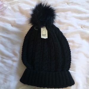 Black cable knit beanie with pompom